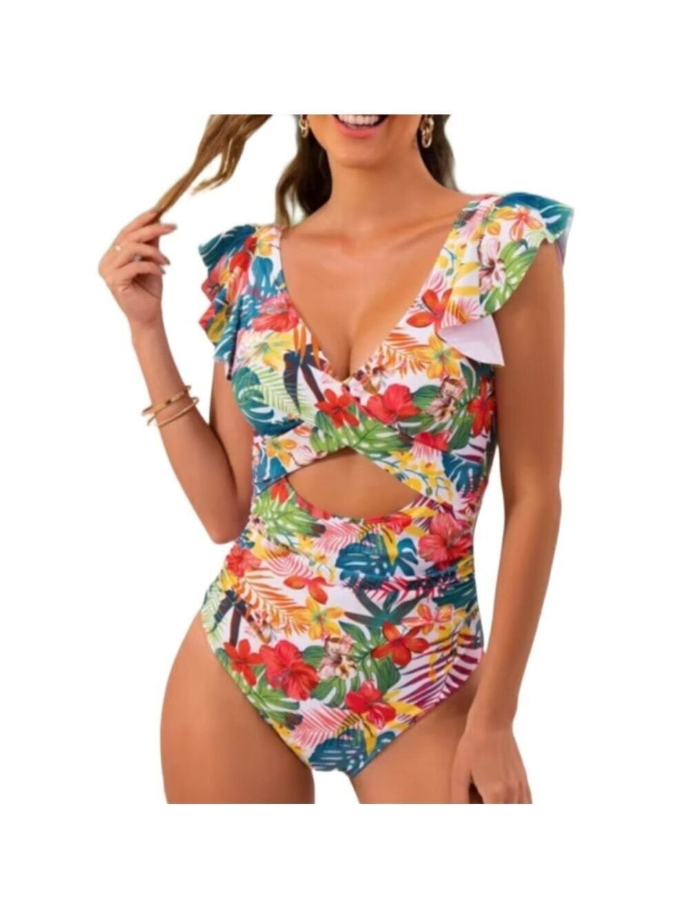 TROPICAL PRINT ONE PIECE MONOKINI RUFFLE SHOULDER RUCHED SWIMSUIT SIZE XL NWT - Picture 10 of 13